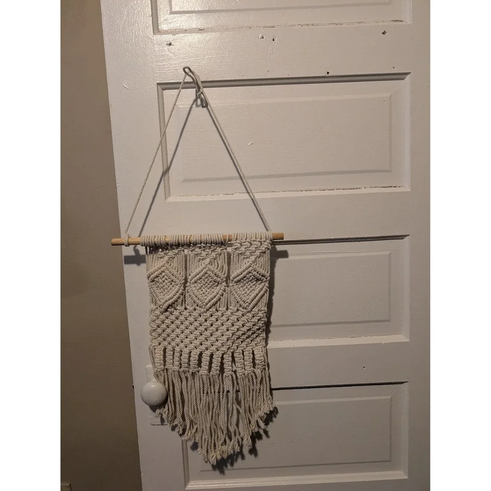 Boho Macrame Wall Hanging Cream Cotton Fringe Diamond Pattern Textile Art Decor